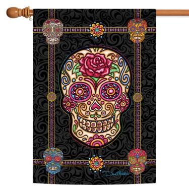 Imagem de Toland Home Garden Caveira de açúcar 71 cm x 101 cm decorativa colorida caveira casa bandeira