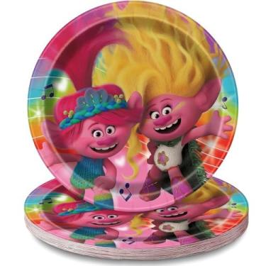 Imagem de Unique Pratos de jantar redondos de papel Trolls multicoloridos - 23 cm (pacote com 8) - Design vibrante do personagem Trolls, ideal para festas de aniversário infantis e celebrações temáticas