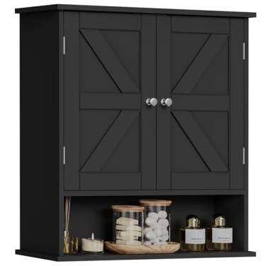 Imagem de TEENFON Armário de parede de banheiro, armário de banheiro com portas de celeiro e prateleira ajustável, armário de armazenamento sobre o vaso sanitário, armário de remédios, preto UNGGX001HV1