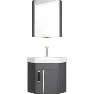 Imagem de Armário de canto e pia de banheiro, pia de cerâmica prática multifuncional com armário espelhado, pias independentes para banheiros, lavanderia, varanda, Hui, 43 × 43 × 42 cm/16,9 × 1