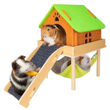 Imagem de BESNEW Rede 3 em 1 para porquinhos-da-índia ampliada com casa e plataforma, esconderijo de porquinho-da-índia de madeira com rede e escadas, brinquedos de porquinho-da-índia para pequenos animais que