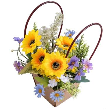 Imagem de Gumolutin Flores falsas em vaso, arranjo de girassóis artificiais com cesta de mão, decoração de mesa floral de margaridas falsas para decoração de casa, casamento, escritório, restaurante, mesa,