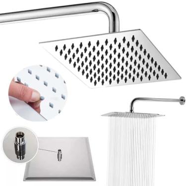 Imagem de Ducha Aço Inox 304 20cm Quadrada Slim 20x20 Com Braço de 40Cm de Parede Para Area Externa Piscina Jardim, Duchão Cromado Chuveiro Quadrado Solar Banheiro a Gás