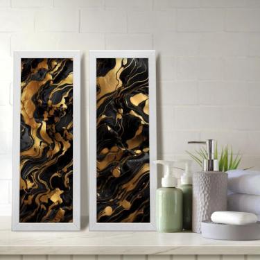 Imagem de Kit 2 Quadros Decorativos Lavabo Mármore Marmorizado Preto Dourado Mod