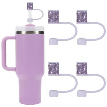 Imagem de Conjunto de acessórios Stanley Cup, 4 peças, capa de canudo de diamante brilhante, tampa de canudos para Stanley 30 1,134 g com copos, topos de palha para canudos de 8 a 10 mm (4 peças roxas)