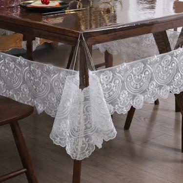 Imagem de Jusmate Protetor de toalha de mesa de vinil transparente com borda de renda de PVC transparente, à prova d'água, à prova de óleo, retangular para cozinha, casa, jantar, decoração de férias (branca,