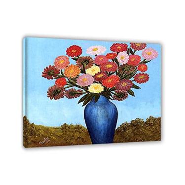 Imagem de JZSDGB Reproduções de pinturas a óleo famosas de André Bauchant - Impressão em tela giclée floral - Impressão de fotos de paisagem - 'Vaso de Zinnias' - Arte de parede emoldurada pronta para pendurar