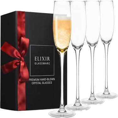 Imagem de ELIXIR GLASSWARE Taças de champanhe de cristal – elegantes taças de champanhe, sopradas à mão – conjunto de 4 taças de champanhe modernas – presente para casamento, aniversário, Natal – 142 g, transparente