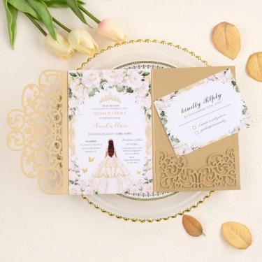 Imagem de Crisjanggo 50 peças de convites de casamento personalizados bege dourado corte a laser kits de convite com envelopes e cartões de resposta para casamento, chá de bebê, aniversário, convite de quinze