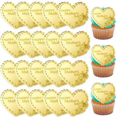Imagem de mdgfge 20 Pcs Happy Mothers Day Cupcake Topper Heart Shape Acrylic Cake Disc Mirror Gold Design Happy Mother's Day Engraved Cake Topper Heart Flowers Picks for Mother's Day Cake Baking Party Decor