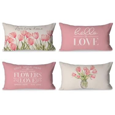 Imagem de FUYUCHEN Capas de travesseiro 30,5 x 50,8 cm Conjunto de 4 Tulipas Casa Doce Lar Rosa Fronhas Decorativas Olá Verão Primavera Decorações de Casa de Fazenda para Sofá Sofá