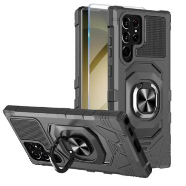 Imagem de Capa de proteção resistente para Galaxy S23 Ultra com protetor de tela integrado, grau militar, à prova de choque, anel de metal de 360 graus, suporte, capa de viagem (preto)