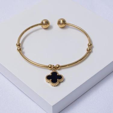 Imagem de Bracelete Aço Inox Dourado com Trevo Preto - Ralifla Semijoias