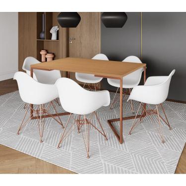 Imagem de Mesa Industrial Jantar Canela 137x90cm Base Cobre V com 6 Poltronas Eames Eiffel Brancas Base Cobre