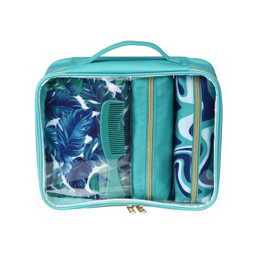 Imagem de Conjunto de bolsas de higiene e cosméticos Conair, 5 peças com estampa de palma azul-petróleo