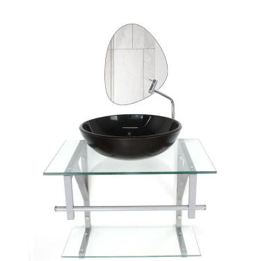 Imagem de Conjunto Gabinete Vidro Banheiro 60cm Com Espelho Orgânico Moderno Cor: cuba Grafite