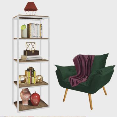 Imagem de Kit Poltrona Fatte com Manta Soft Bordô e Estante Livreiro Ferro Branco mdf Rústico Sue...