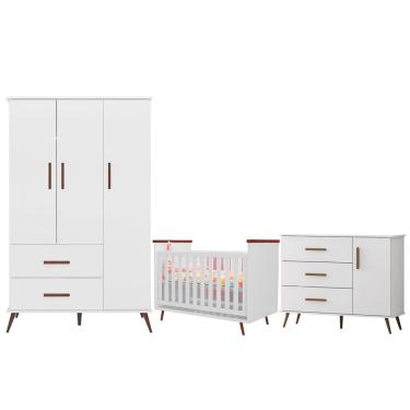 Imagem de Quarto Bebê Retrô Branco Gabi - Roupeiro 3 portas, Cômoda e Berço Mini Cama Wood