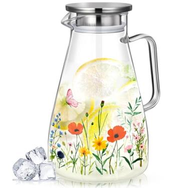 Imagem de Domensi Jarra de vidro de 2200 ml com tampa, jarra de água com alças, jarra de água para bebidas, jarra de vidro, resistente a quente e frio, para chá, suco, leite, café, bebida gelada (flor silvestre