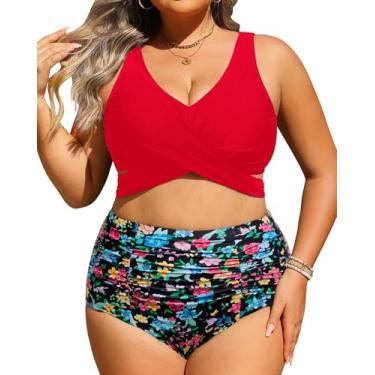 Imagem de Biquíni feminino de cintura alta plus size - maiô de duas peças com controle de barriga e amarração nas costas 2025, Floral vermelho, 20 Plus Size