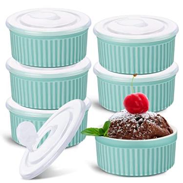 Imagem de 6 conjuntos de ramequins de porcelana com tampas, ramekins, 236 ml, seguro para forno, creme, brulee, suflê, com tampas para forno, tigela de cerâmica empilhável com tampa, assar, pratos de ramekin copos para assar (azul)