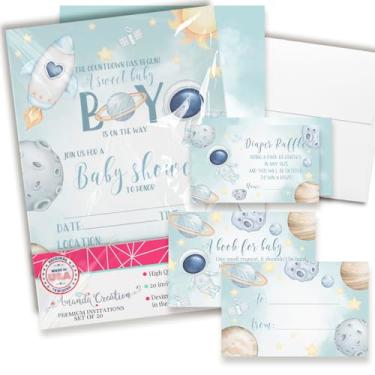 Imagem de Convites de chá de bebê para meninos – Pacote de convite para chá de bebê do espaço sideral com ingressos de sorteio de fraldas, cartões de solicitação de livro e envelopes. Conjunto de 20 conjuntos