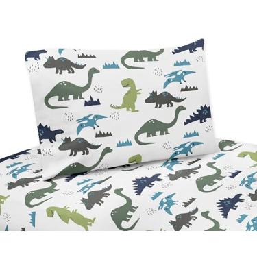 Imagem de Sweet Jojo Designs Jogo de lençol solteiro de 3 peças (dinossauro azul verde) para meninos, crianças, roupa de cama de solteiro com elástico e fronha (Dinossauro moderno, tema de dinossauros, T-Trex