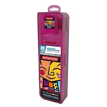 Imagem de Dentalclean Kit Romero Britto: Gel Dental 50g - Escova Macia - Fio Dental 20m com Estojo, Rosa