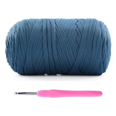 Imagem de Mooaske 1 pacote de camisetas de crochê para tricô DIY pano de crochê bolsa de bonecas - 400 g de fio grosso grosso para crochê com tecido elástico de mistura de poliéster-elastano (azul jeans)
