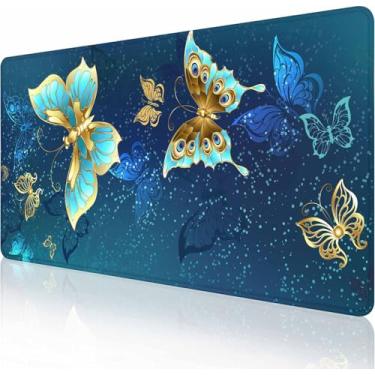 Imagem de Mouse pad para jogos, base de borracha antiderrapante grande, tapete de mouse com teclado, tapete de mesa com bordas costuradas, 90 x 40 cm, borboletas