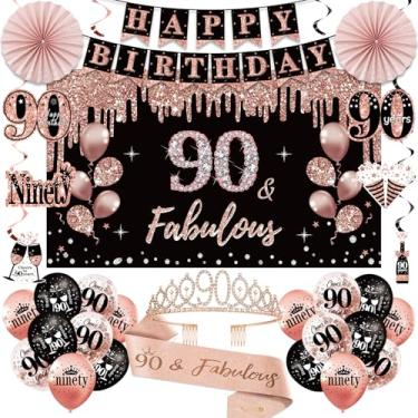 Imagem de Uiorgui Decorações De 90º Aniversário Para Mulheres, 33 Peças Coroa E Faixa Aniversário, Balões Banner Feliz Pano Fundo Pendurado, Redemoinhos, Leques Papel, Kit 90 Anos