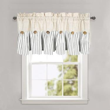 Imagem de Sanefa listrada preta de linho e algodão da Farmhouse, saia rústica de cozinha para janelas, design plissado com detalhe de botão de coco, saia de sala de estar, saia de cortina para quarto, 132 cm L