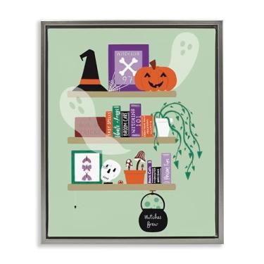 Imagem de Stupell Industries Witchy Halloween Bookshelf Gray Framed Floater Canvas Wall Art, design by Sazerelli Designs, 17 x 21