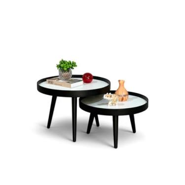 Imagem de Conjunto Mesa de Centro Redonda Barcelona com Pés Palito em Madeira Maciça Preta, Tampo com Bordas de 50mm (Preta Com Tampos Branco)