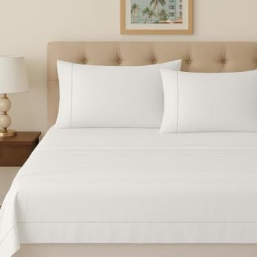 Imagem de Jogo de Cama Queen 4 Peças 100% Algodão Egípcio 300 Fios com Ponto Palito – Lençol com Elástico + Lençol Superior + 2 Fronhas (Branco)