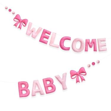 Imagem de Decoração de chá de bebê com laço rosa pré-amarrada placa de bebê com laço rosa faixa de bola de feltro de lã para Welcome Home Its a Girl Coquette chá de bebê festa berçário casa lareira manto quarto