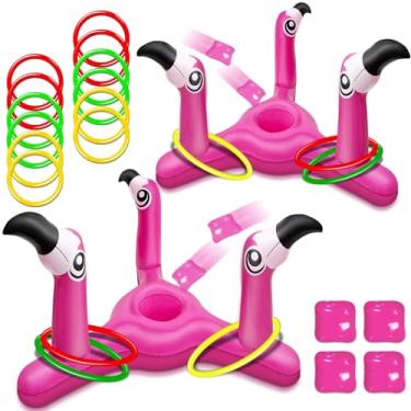 Imagem de TURNMEON [Piscina Cornhole E Arremesso De Argolas] Jogo De Sinuca 2 Em 1 Flamingo, 2 Tabuleiros De Cornhole Flamingo, 12 Argolas, 4 Sacos De Feijão, Brinquedo De Piscina Luau, Festa Havaiana, Jogo D