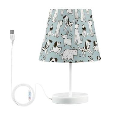 Imagem de Candeeiro de mesa de cabeceira azul Playful Dogs com abajur de linho moderno, luz de leitura para cama