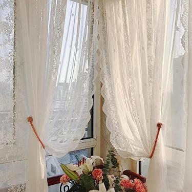 Imagem de Cortina curta de cozinha – Cortinas de rede de voile de renda branca – leve/filtragem leve/decoração de casa – para quarto de meninas, janela, café, varanda, cortinas transparentes, 2 painéis L 270,2