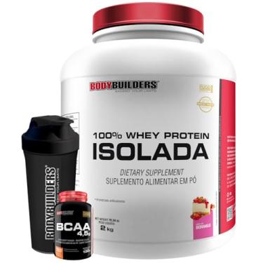 Imagem de Kit 100% Whey Protein Isolada 2kg + BCAA 4,5g 100g + Coqueteleira - Bodybuilders (Médio, Morango)