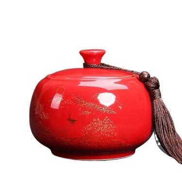 Imagem de Lata de chá Lata de chá de cerâmica com tampa hermética, recipiente de armazenamento de cozinha para chá, café, nozes, ervas, especiarias e açúcar Caixa de chá(Red)
