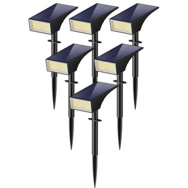 Imagem de Koicaxy Luzes solares para ambientes externos, pacote com 6, 100 LEDs, 4 modos de iluminação, holofote de paisagem, IP65, à prova d'água para jardim, quintal, caminho, casa, árvore, branco frio