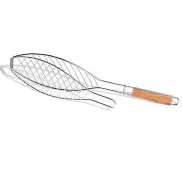 Imagem de Grelha Dupla Churrasco Assar Peixe com Cabo de Madeira Antiderrapante Premium