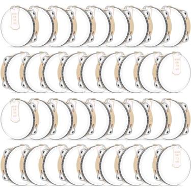 Imagem de Lukmaa Conjunto de 36 Pandeiros de casamento de 15 cm a granel para adultos Tambor de mão de madeira com jingles de metal, etiquetas de presente, pandeiro branco instrumento musical para lembrancinha