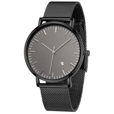Imagem de TWOPTION Relógios masculinos elegantes minimalistas analógicos de quartzo à prova d'água para homens, pulseira de malha de aço inoxidável, relógio de pulso masculino com data automática, 85 preto