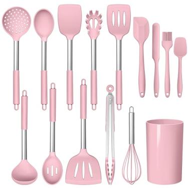 Imagem de LIANYU Conjunto de 15 peças de utensílios de cozinha com alça de aço inoxidável, utensílios de cozinha de silicone com suporte, espátula resistente ao calor, espátula, espátula, espátula, espátula