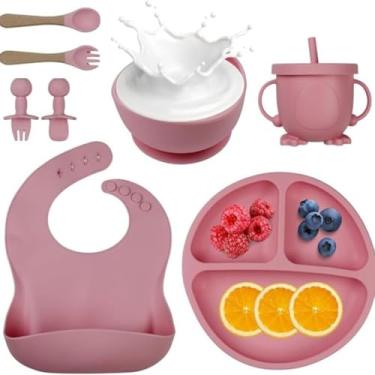 Imagem de Kit Refeição Infantil em Silicone 8 Peças, Pratos e Talheres para Bebê Introdução alimentar bebê (Terra cota)