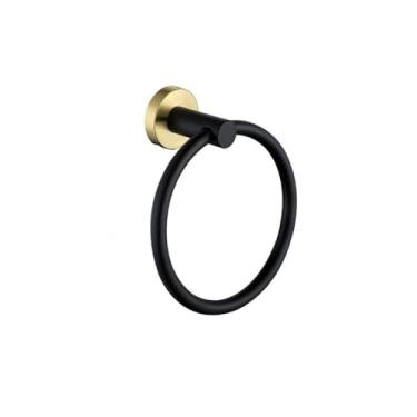 Imagem de Conjunto de banheiro dourado e preto - Porta-papel de aço inoxidável, anel para toalha e gancho para roupão | 3 peças, anel para toalha