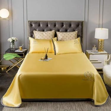 Imagem de Conjunto De Lençóis De Seda Sati 245 X 250cm Pura Amoreira Seda Sem Costura Queen King Size Têxtil Doméstico, Yellow