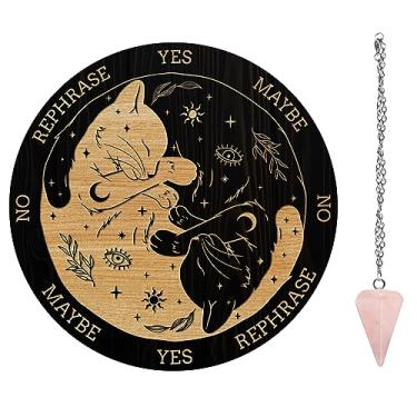 Imagem de AHANDMAKER Conjunto De Tabuleiro Pêndulo, Mensagem Metafísica Adivinhação Radiestesia Madeira Com Colar Cristal Para Bruxaria, Kit Suprimentos Altar Wicca, Gato E Sol Lua